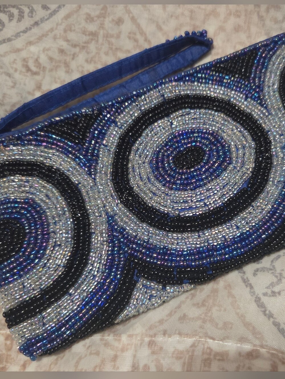 Hand-Beaded Circle Wristlet in Black, Blue & Silver w/ Blue Satin Lining - NEW